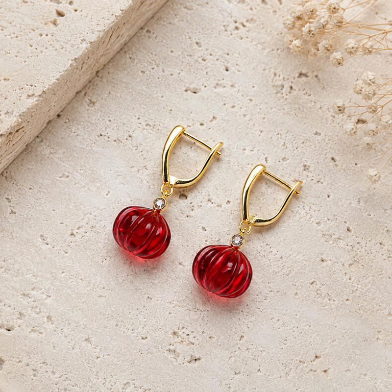 18kt Gold Plated Carved Natural Stone Pumpkin Shaped Drop Earrings