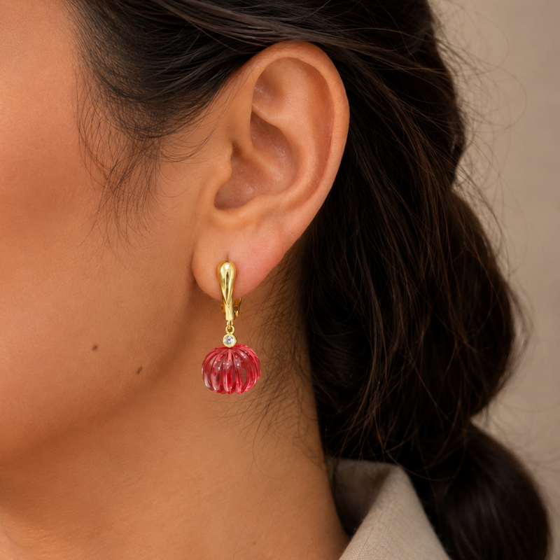 18kt Gold Plated Carved Natural Stone Pumpkin Shaped Drop Earrings