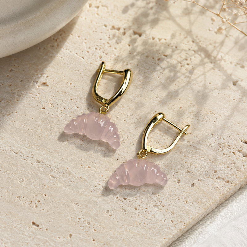 18kt Gold Plated Carved Natural Stone Croissant V shaped Earrings