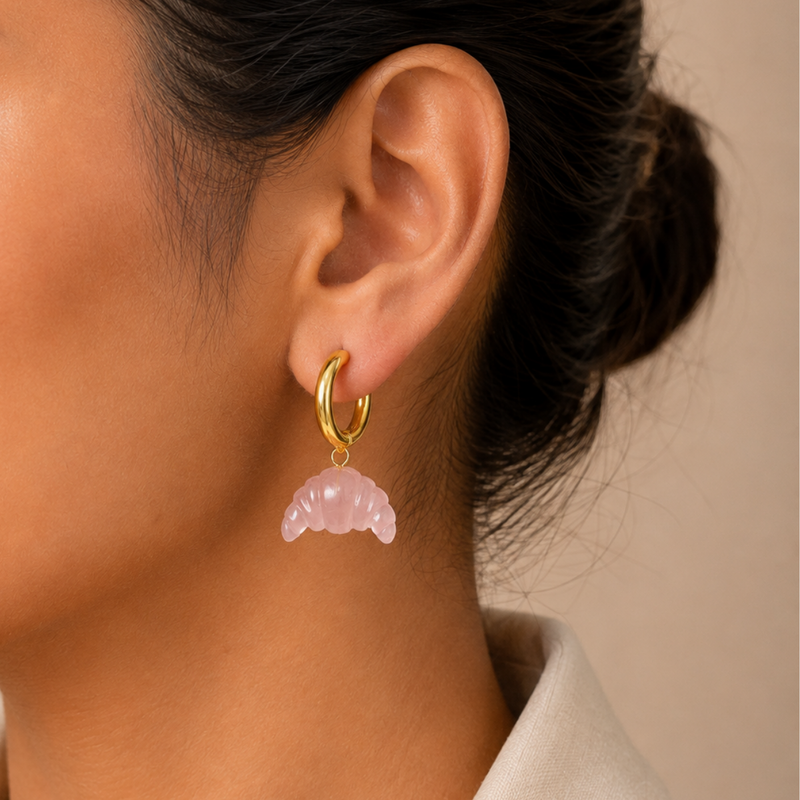 18kt Gold Plated Carved Natural Stone Croissant Drop Earrings