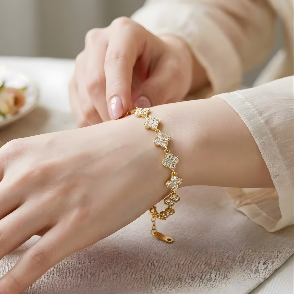 Inaya modern festive 18kt gold plated vinatge white zircon petals & flower bezel tennis bracelet, sneh