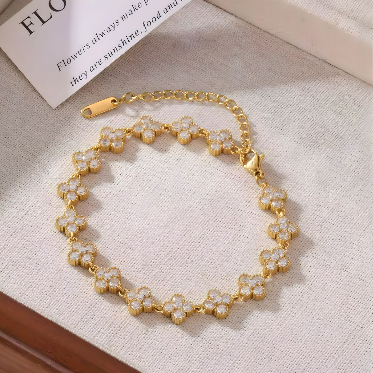 Inaya modern festive 18kt gold plated vinatge white zircon petals & flower bezel tennis bracelet, sneh