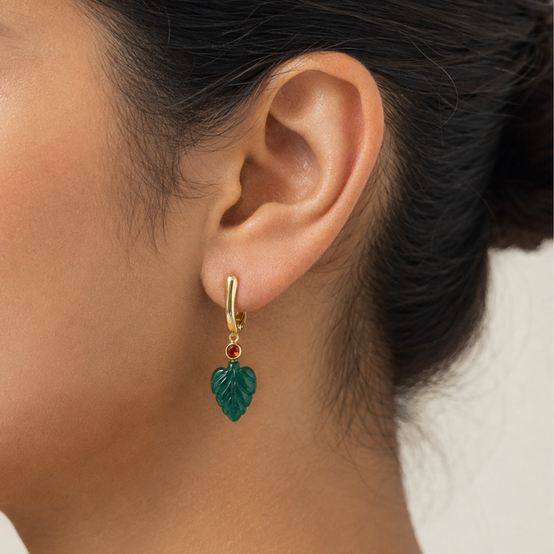 18KT Gold Plated V Hoop Earrings with Carved Natural Stone Leaf Pendant