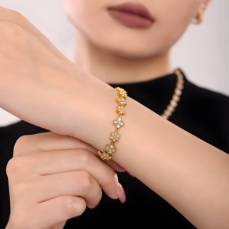 Inaya Modern Festive 18KT Gold Plated Vinatge White Zircon Petals & Flower Bezel Tennis Bracelet, Sneh