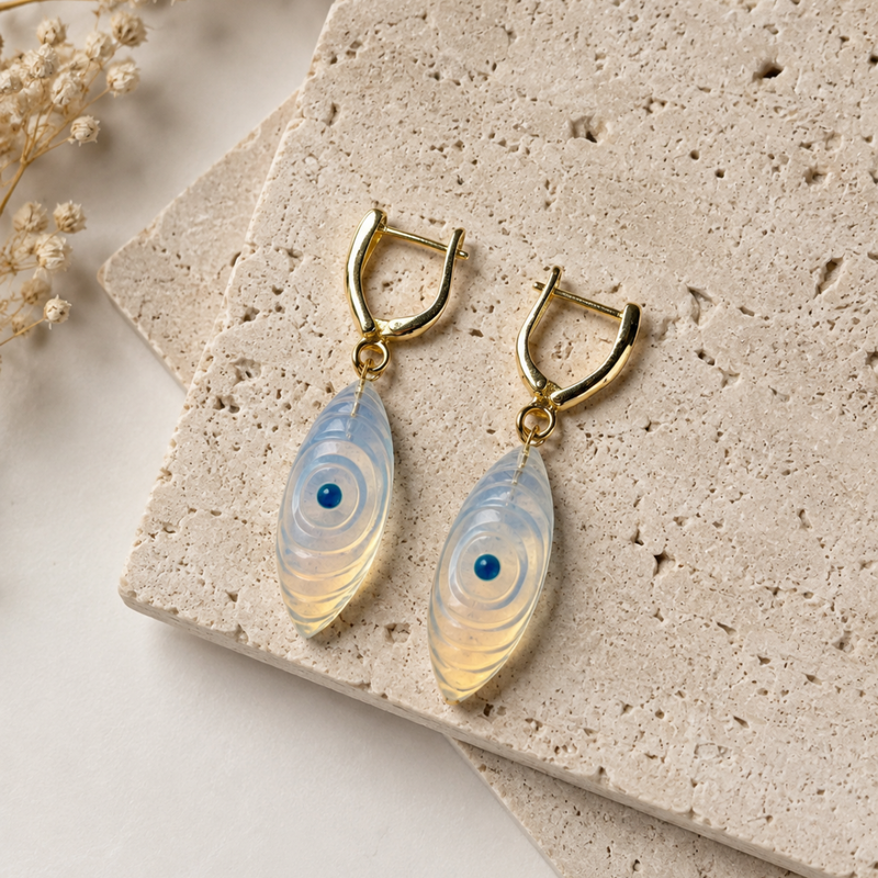 18KT Gold Plated V Hoop Earrings with Carved Natural Stone Evil Eye Pendant
