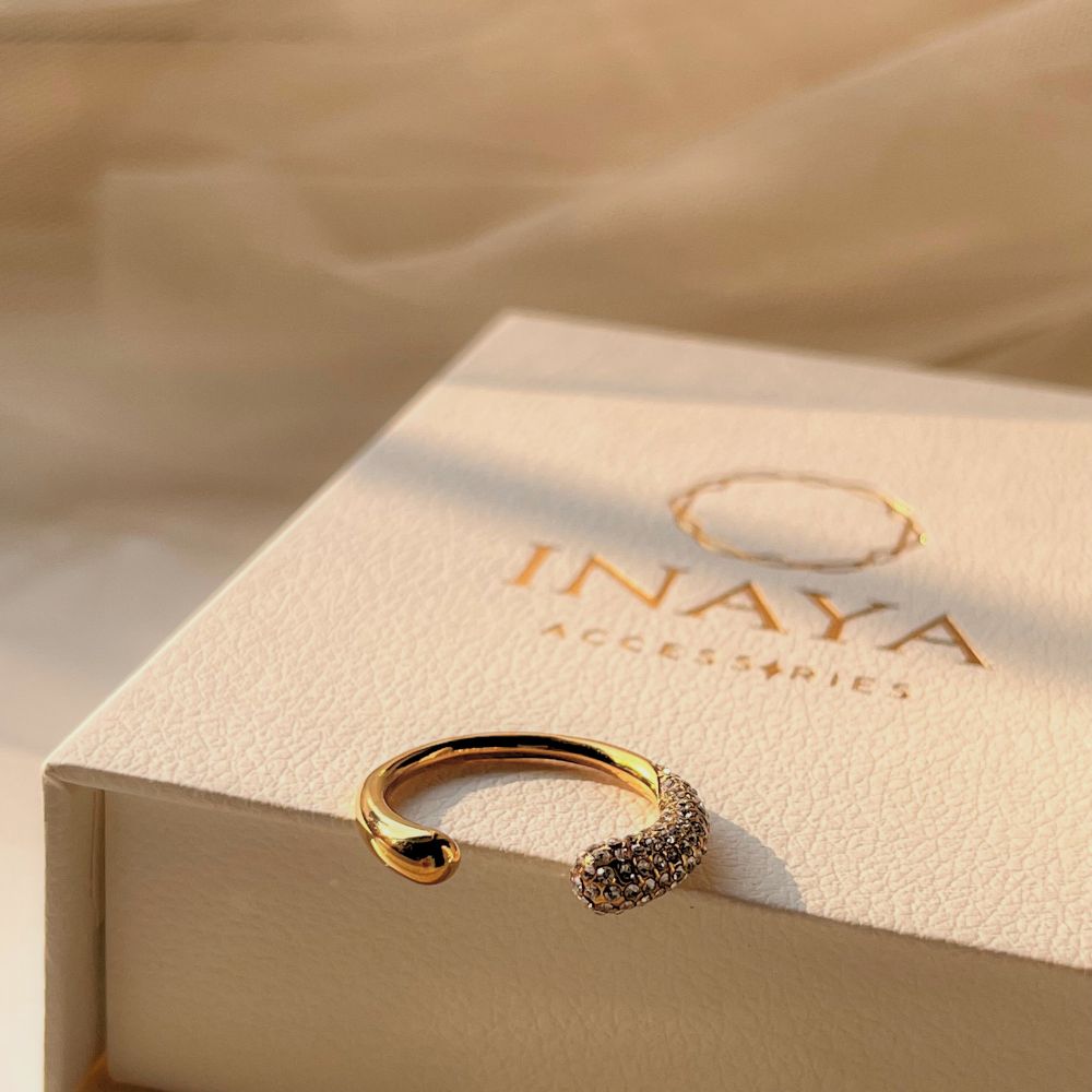 18Kt Gold Plated Crescent Zirconia Ring, Iris - Inaya Accessories