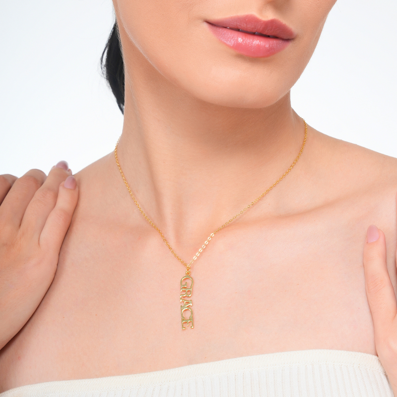 Inaya 18 KT Gold Plated Stainless Steel Capital Vertical Name Necklace