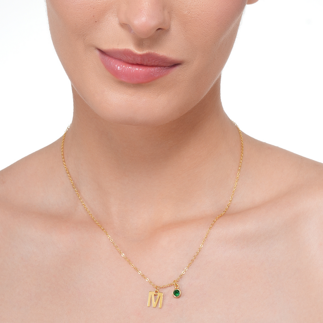 Inaya 18 KT Gold Plated Stainless Steel Chic Hanging Initial & Birthstone Necklace