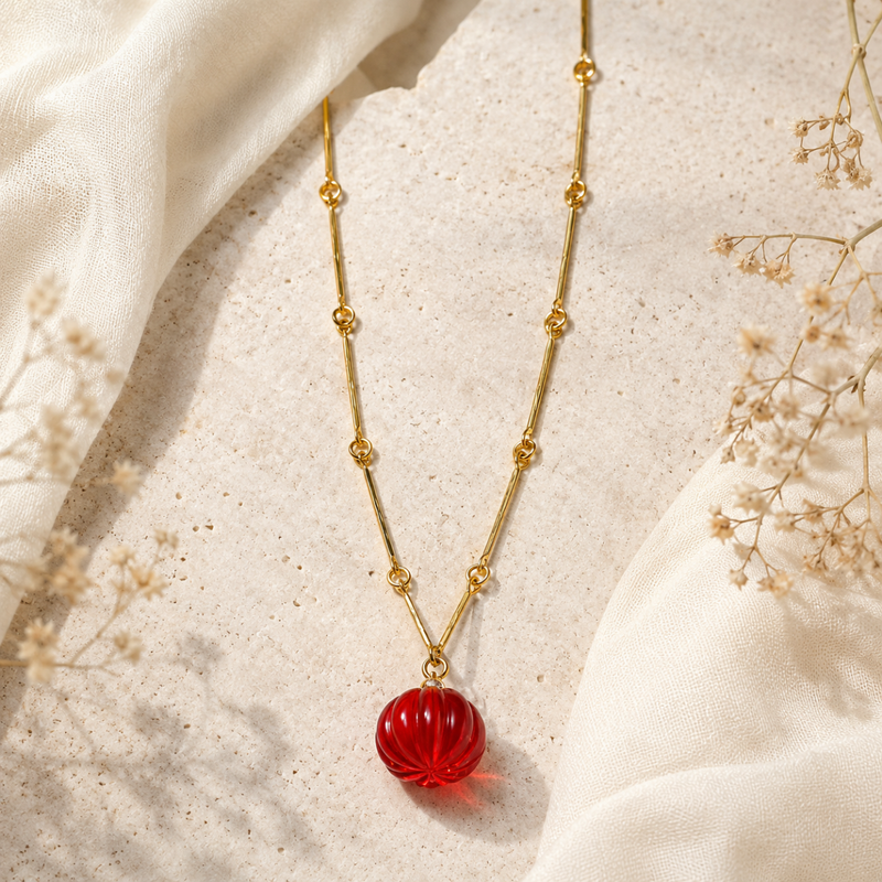 18KT Gold Plated Bar Link Chain Necklace with Carved Natural Stone Pumpkin Pendant