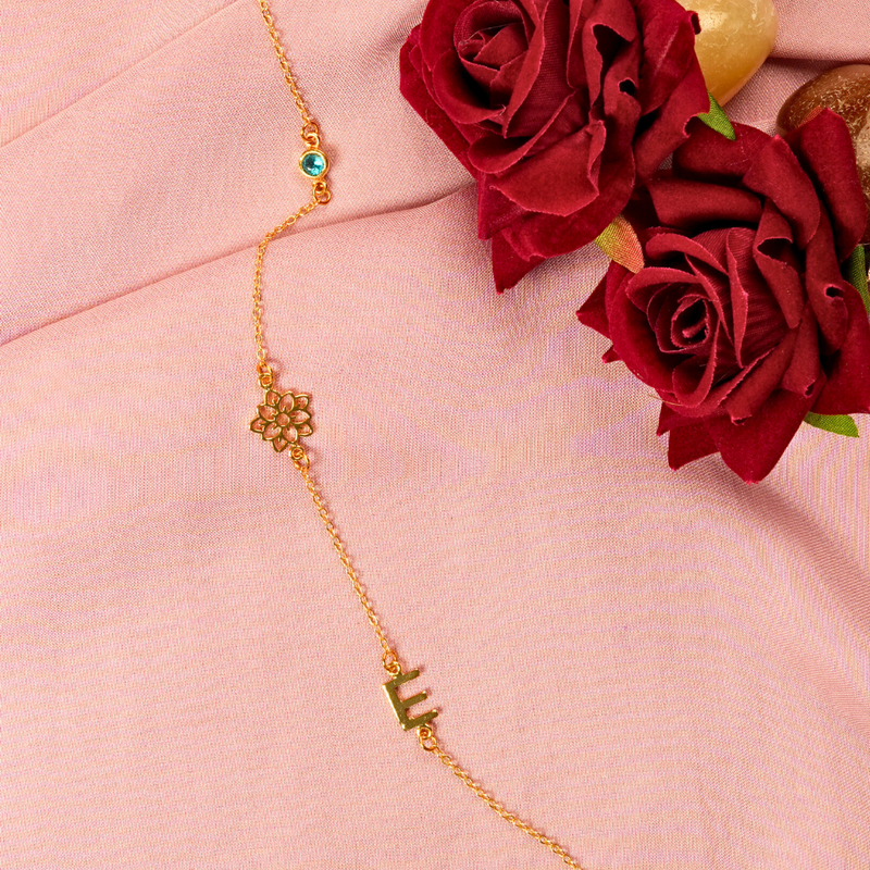Inaya 18 KT Gold Plated Stainless Steel Personalised Initial, Flower & Birthstone Necklace