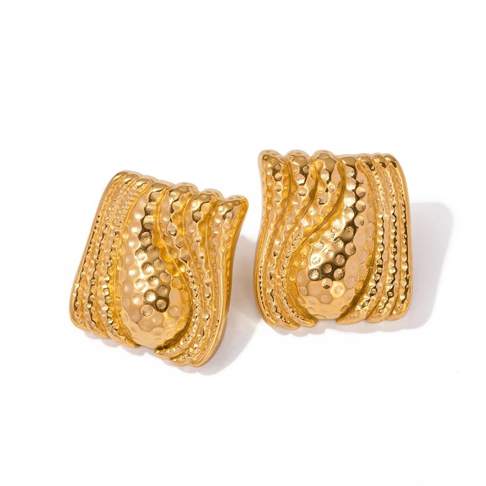 18kt Gold Plated Chunky Textured Rectangle Stud Earrings, Advika - Inaya Accessories