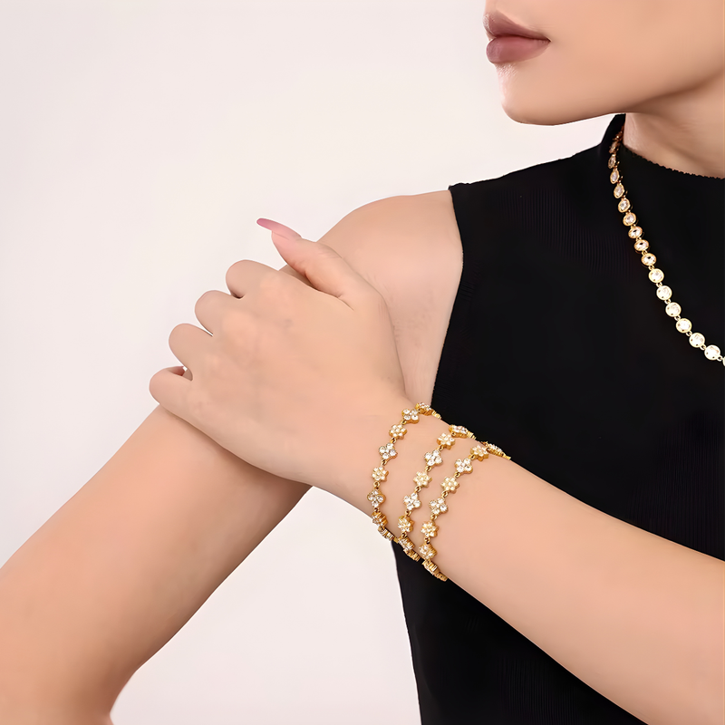 Inaya Modern Festive 18KT Gold Plated Vinatge White Zircon Petals & Flower Bezel Tennis Bracelet, Sneh