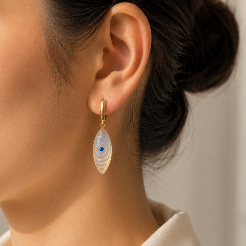 18KT Gold Plated V Hoop Earrings with Carved Natural Stone Evil Eye Pendant