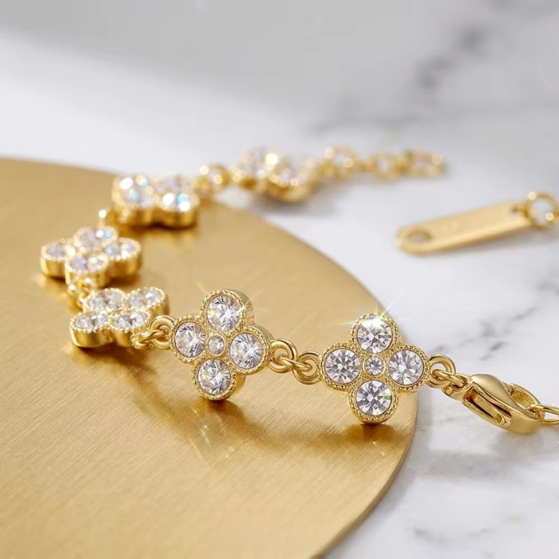 Inaya Modern Festive 18KT Gold Plated Vinatge White Zircon Petals & Flower Bezel Tennis Bracelet, Sneh