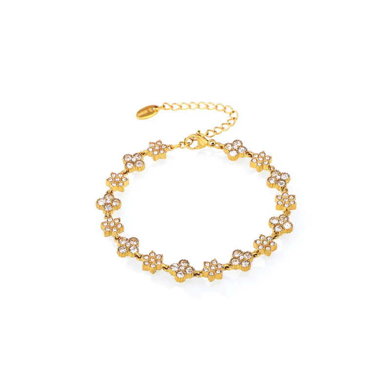 Inaya Modern Festive 18KT Gold Plated Vinatge White Zircon Petals & Flower Bezel Tennis Bracelet, Sneh