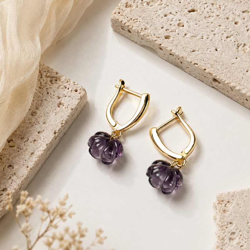 18K Gold Plated Carved Natural Stone Jhumka Drop Earrings