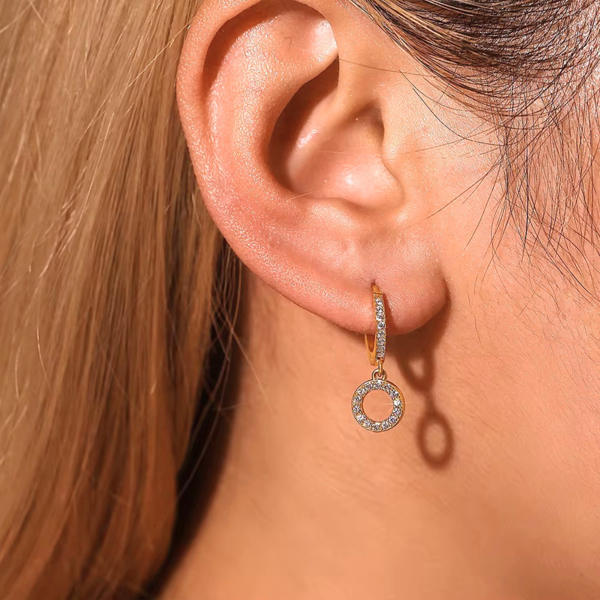 18k gold plated elegant crystal halo drop hoop earrings, viviette