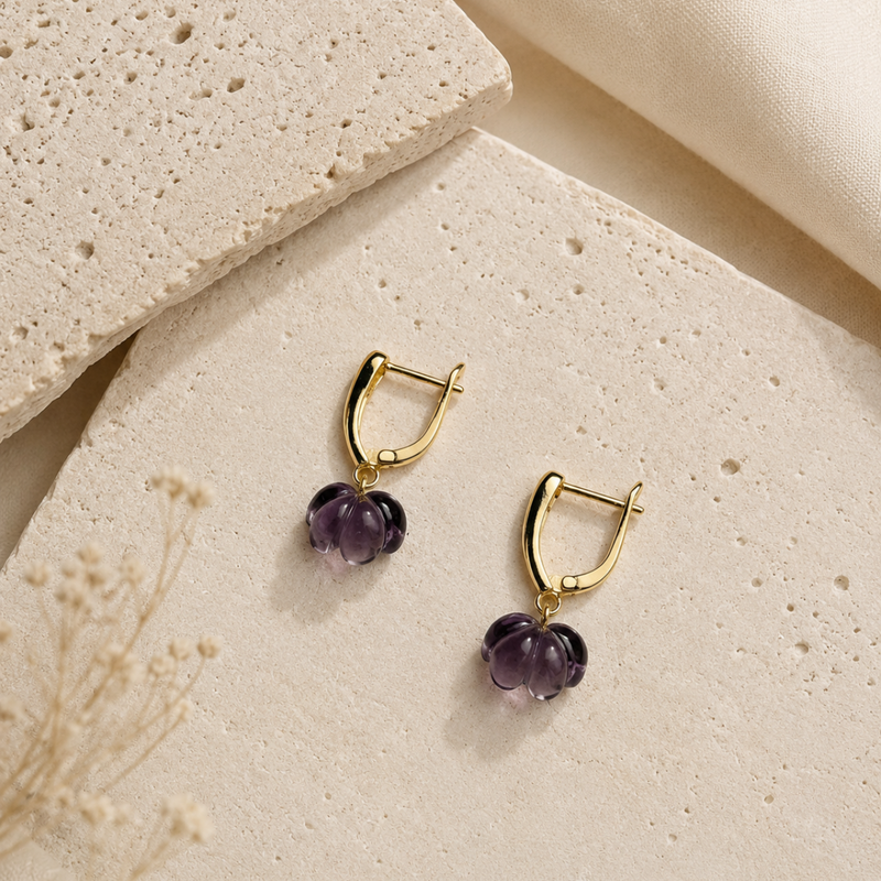 18K Gold Plated Carved Natural Stone Jhumka Drop Earrings