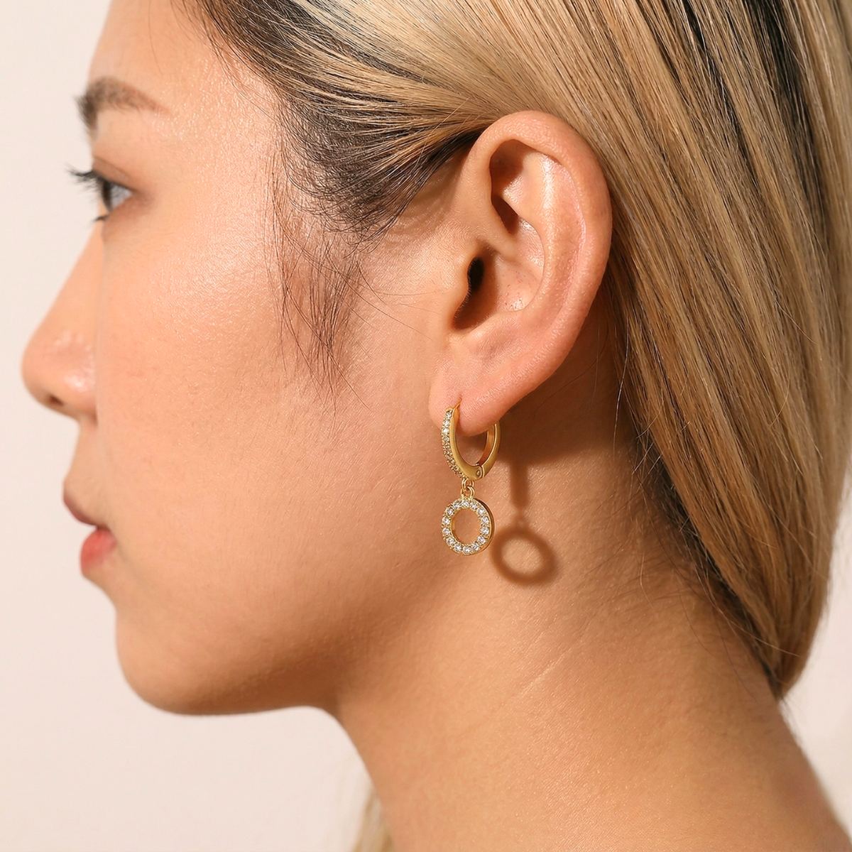 18k gold plated elegant crystal halo drop hoop earrings, viviette