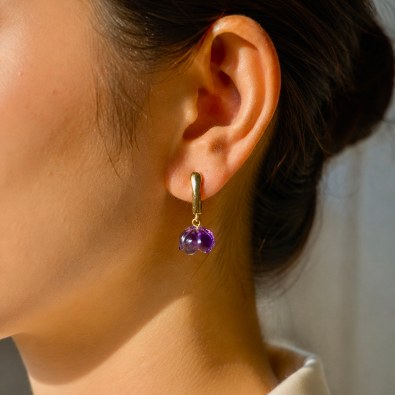 18K Gold Plated Carved Natural Stone Jhumka Drop Earrings