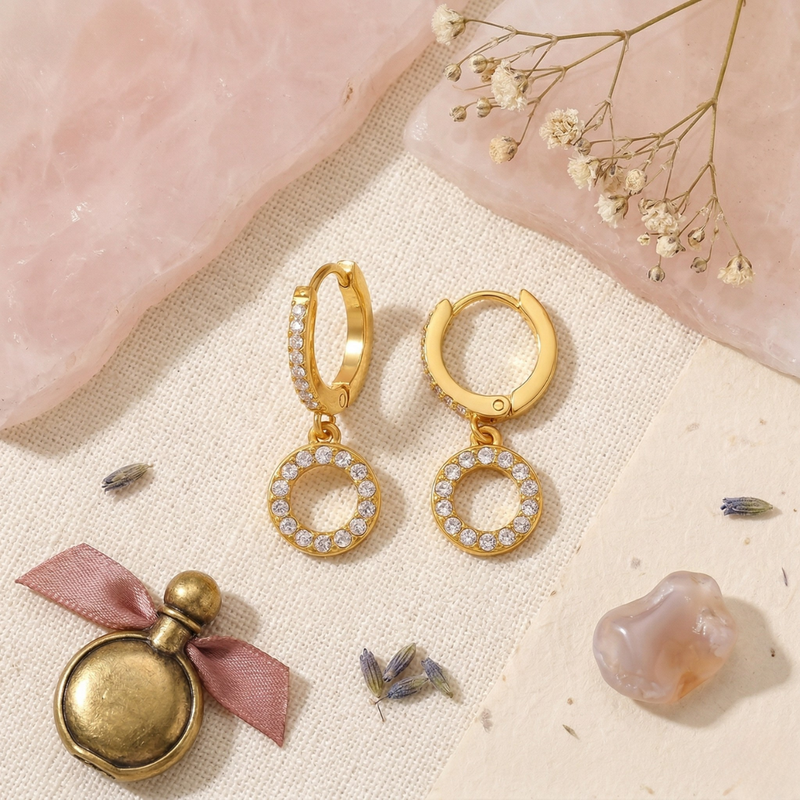 18K gold plated Elegant Crystal Halo Drop Hoop Earrings, Viviette