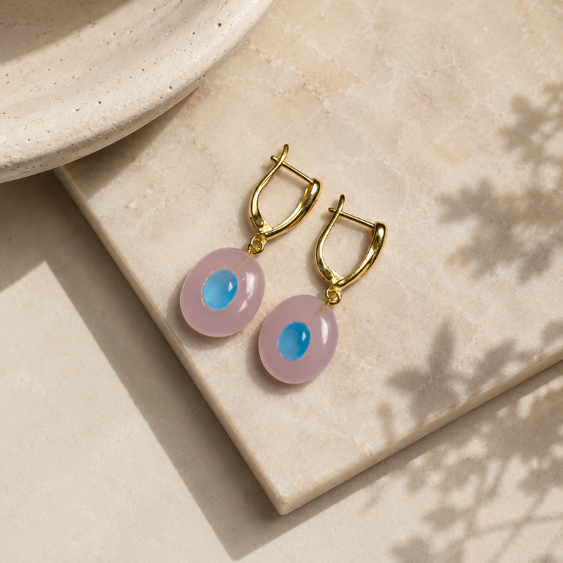 18KT Gold Plated V Hoop Earrings with Carved Natural Stone Oval Stone Pendant