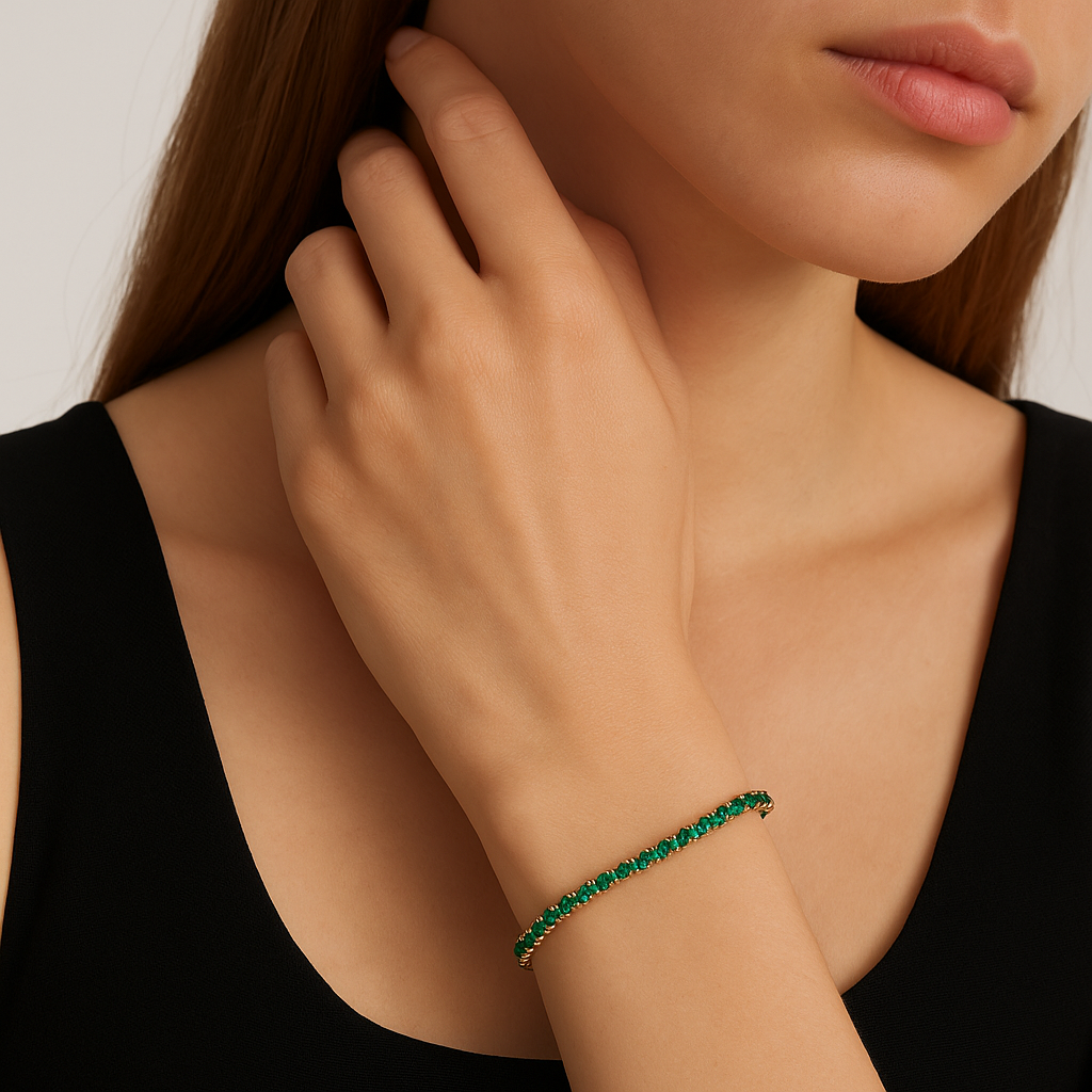 Inaya Modern Festive 18KT Gold Plated Classic Green Emerald Zircon Tennis Bracelet, Savi