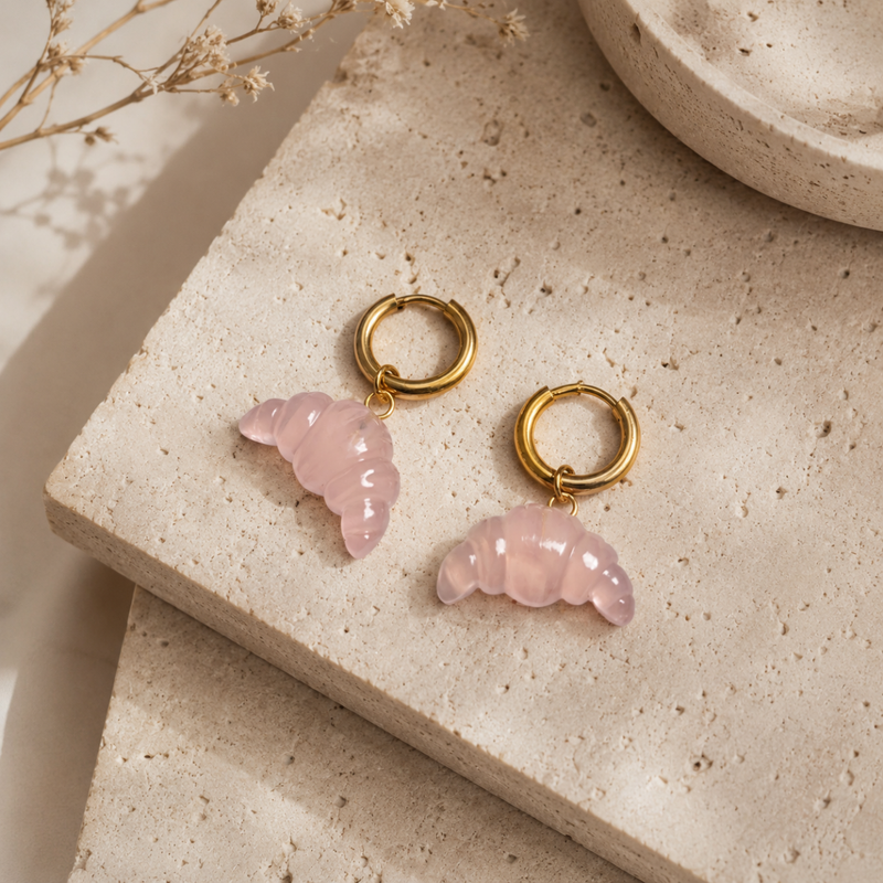 18kt Gold Plated Carved Natural Stone Croissant Drop Earrings