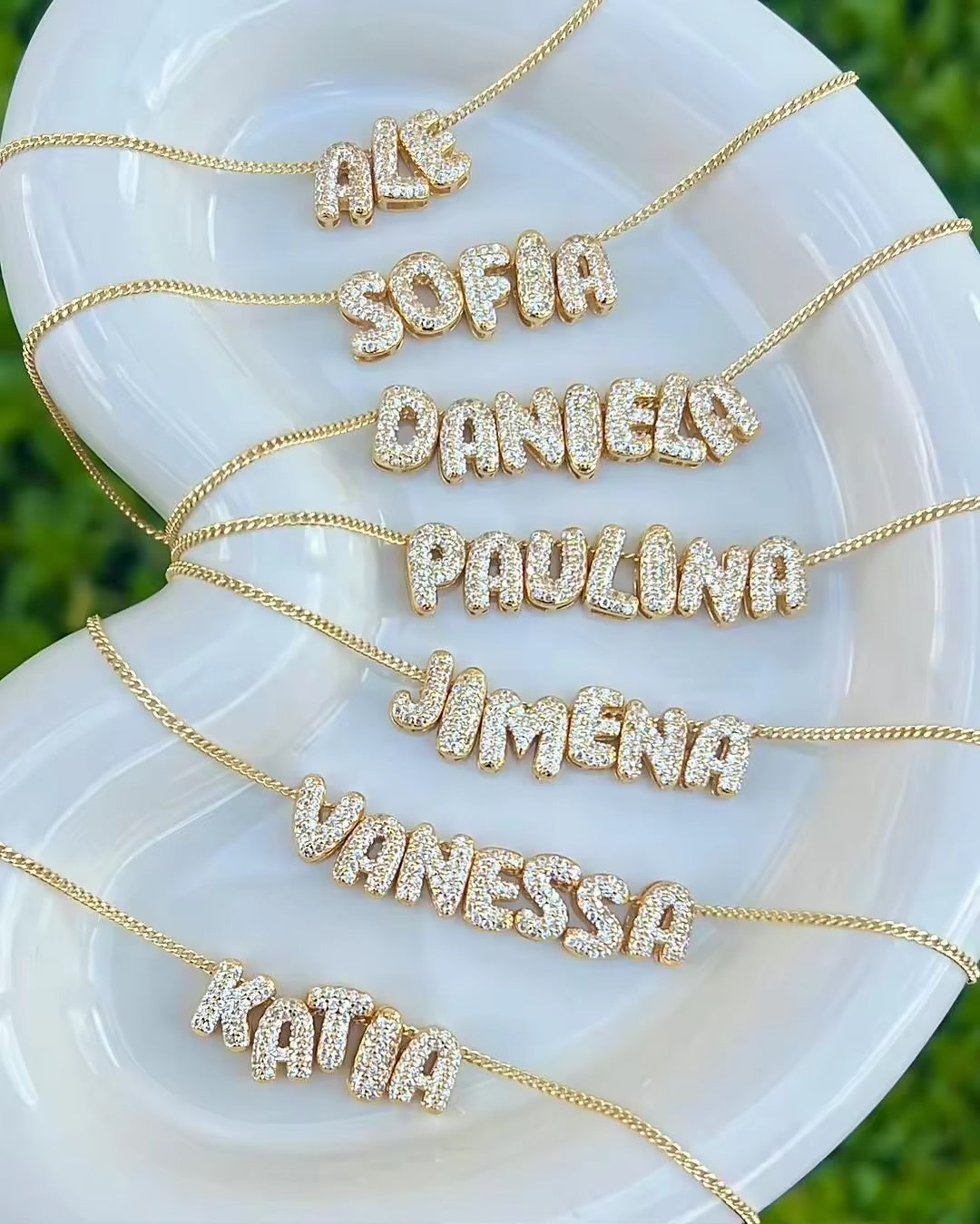 Personalised 18kt gold plated waterproof diamond bubble initial name necklace