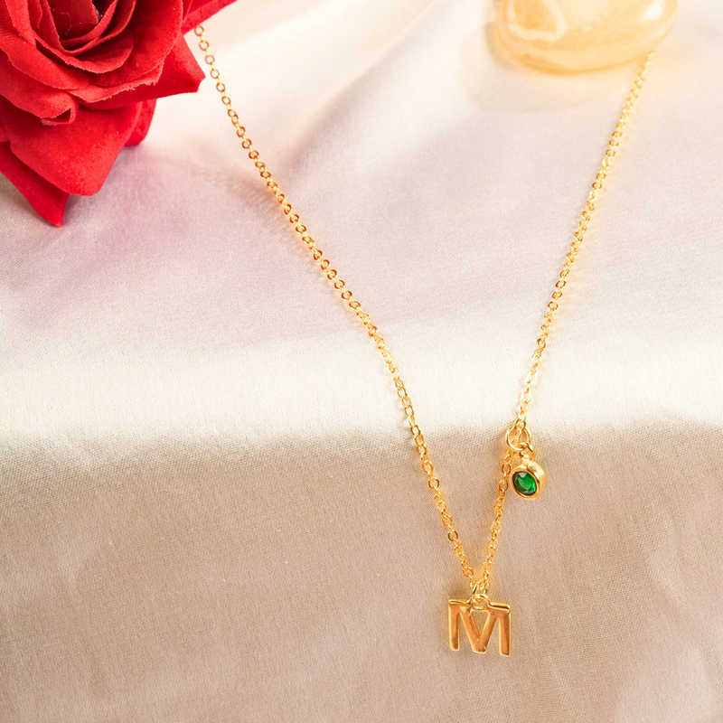 Inaya 18 KT Gold Plated Stainless Steel Chic Hanging Initial & Birthstone Necklace