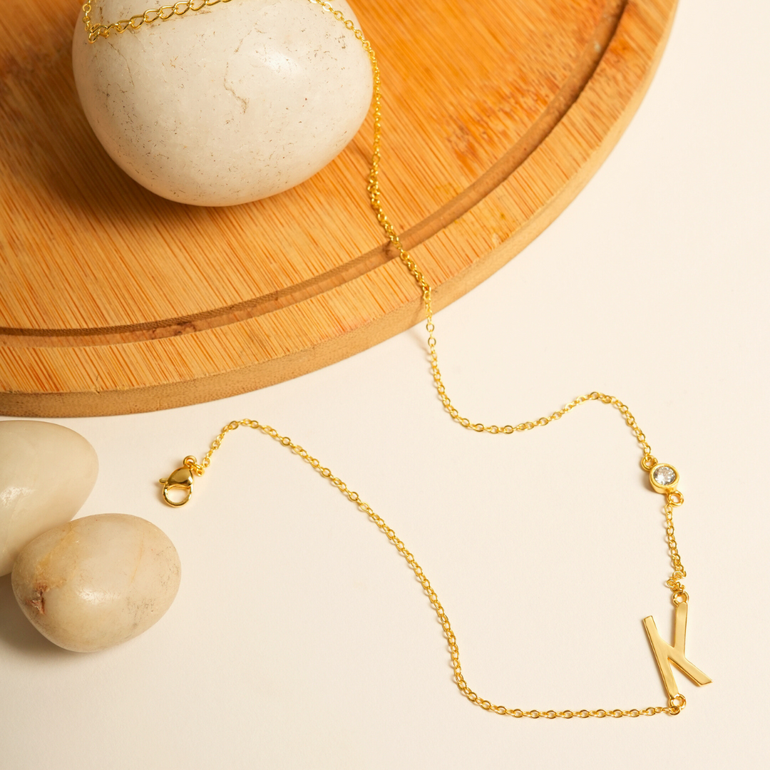 Inaya 18 KT Gold Plated Stainless Steel Chic Initial & Birthstone Necklace