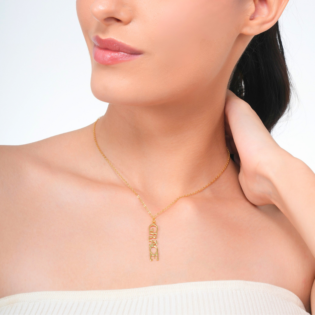 Inaya 18 KT Gold Plated Stainless Steel Capital Vertical Name Necklace