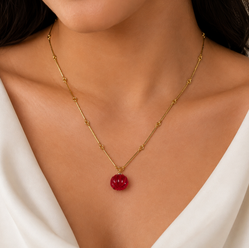 18KT Gold Plated Bar Link Chain Necklace with Carved Natural Stone Pumpkin Pendant