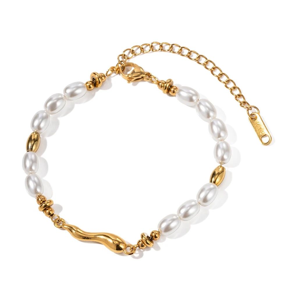18kt Gold Plated Glass Pearl Beads Chain Bracelet, Harper - Inaya Accessories