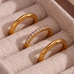 Load image into Gallery viewer, 18Kt Gold Plated Set Of 3 Stackable Rings, Plain and Zircon Studded, Caroline - Inaya Accessories