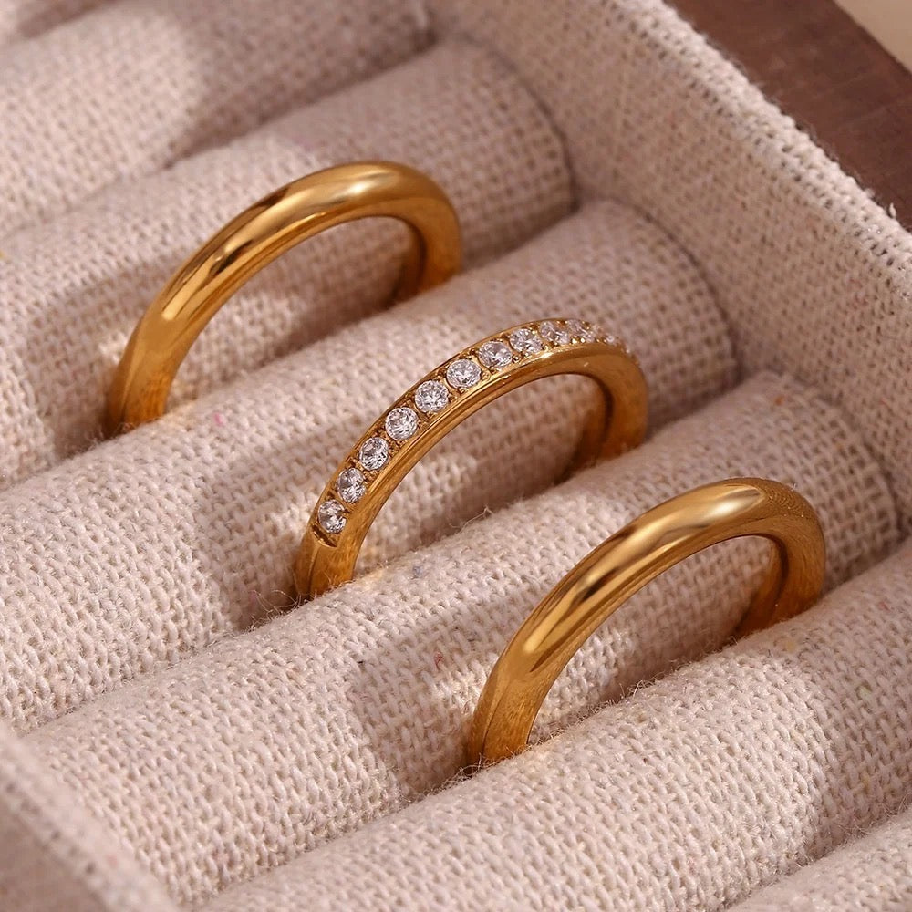 18Kt Gold Plated Set Of 3 Stackable Rings, Plain and Zircon Studded, Caroline - Inaya Accessories