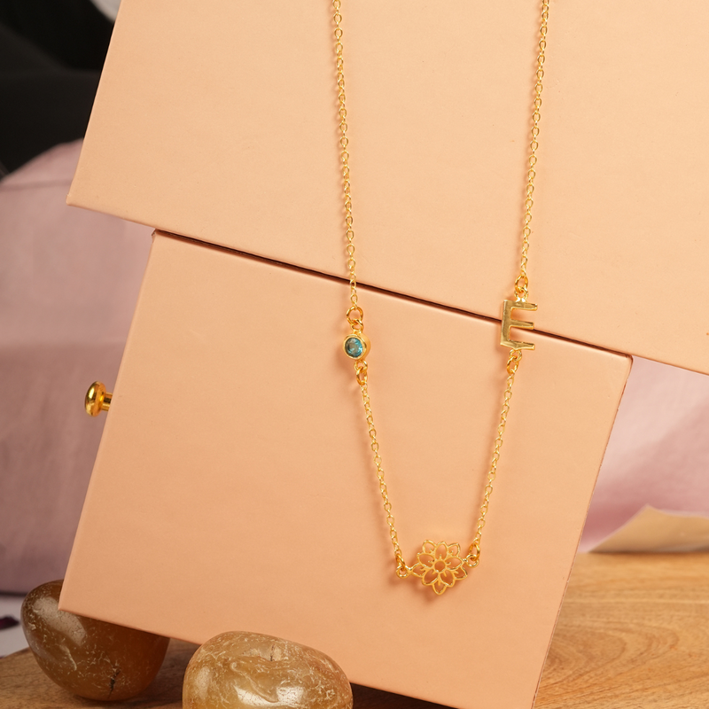 Inaya 18 KT Gold Plated Stainless Steel Personalised Initial, Flower & Birthstone Necklace
