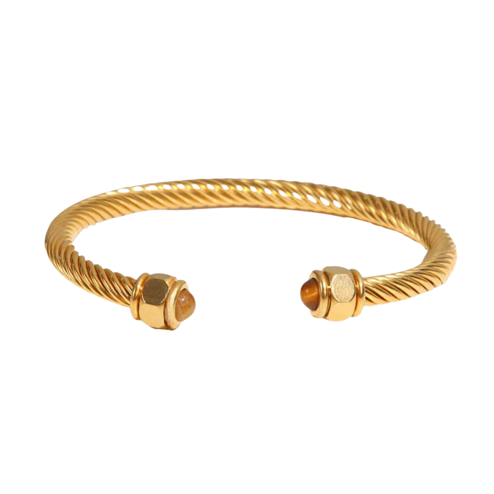 18kt Gold Plated Natural Stone Twist Pave Open Bangle, Anika - Inaya Accessories