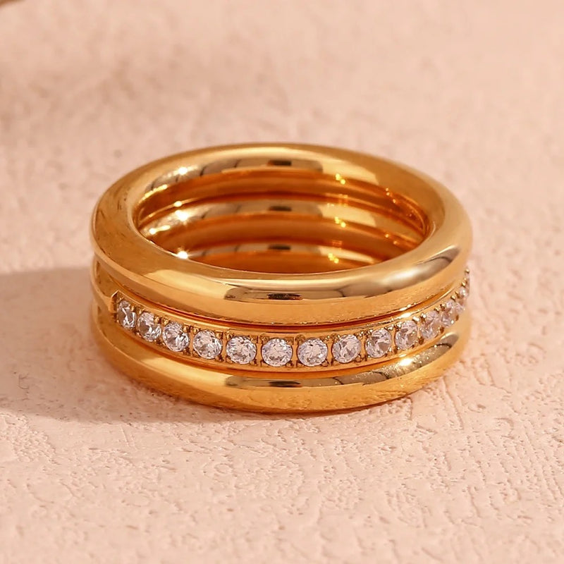 18Kt Gold Plated Set Of 3 Stackable Rings, Plain and Zircon Studded, Caroline - Inaya Accessories