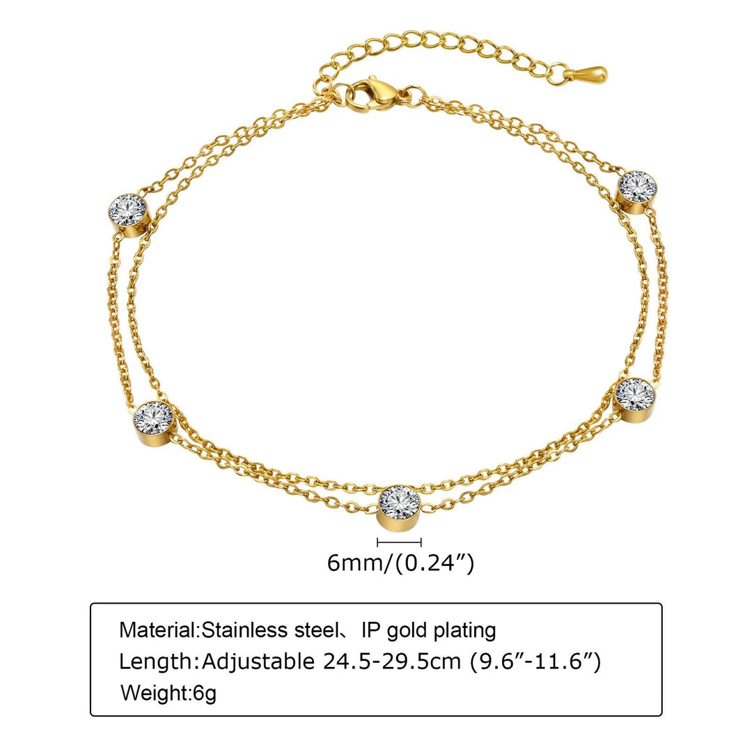 18kt Gold Plated Double Layered Round Zircon Dainty Anklet, Elma