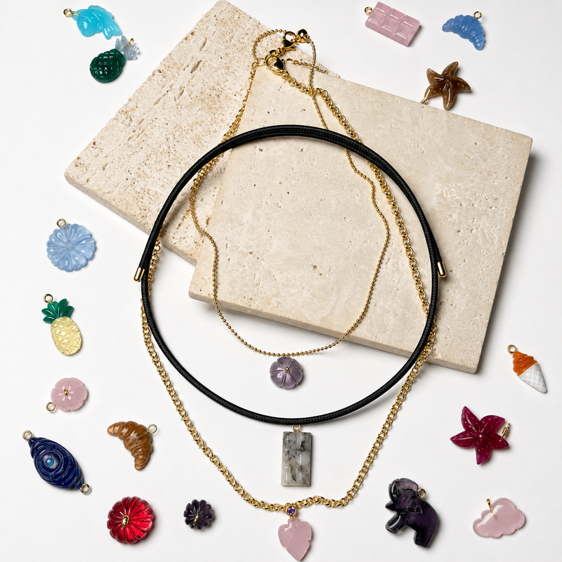 18KT Gold Plated Personalised Carved in Stone Charm Necklace, The Maya Collection
