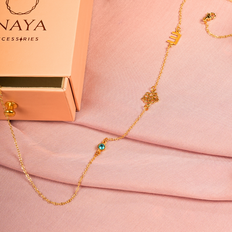 Inaya 18 KT Gold Plated Stainless Steel Personalised Initial, Flower & Birthstone Necklace
