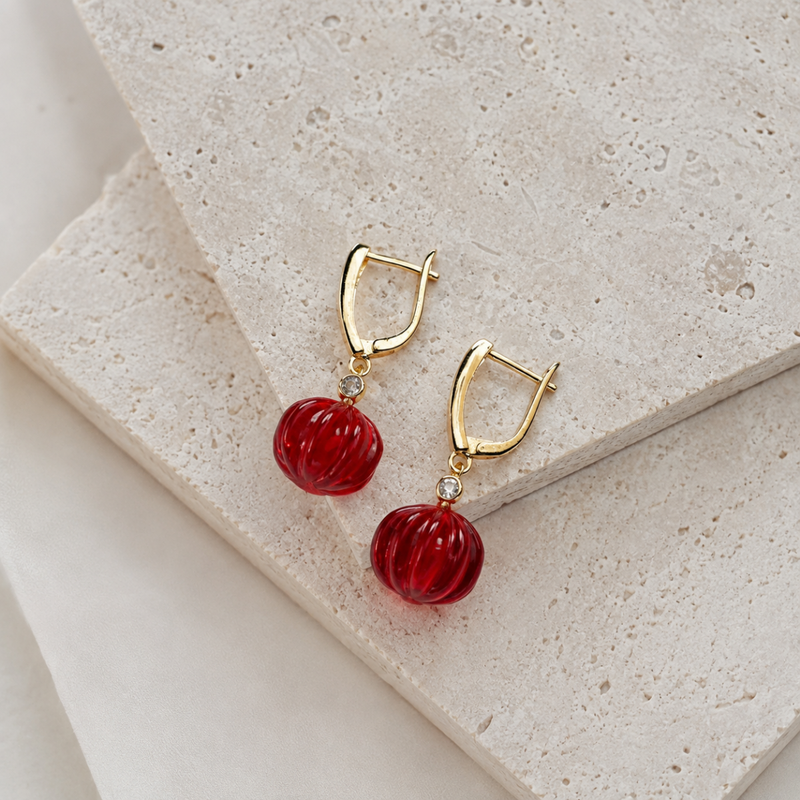 18kt Gold Plated Carved Natural Stone Pumpkin Shaped Drop Earrings