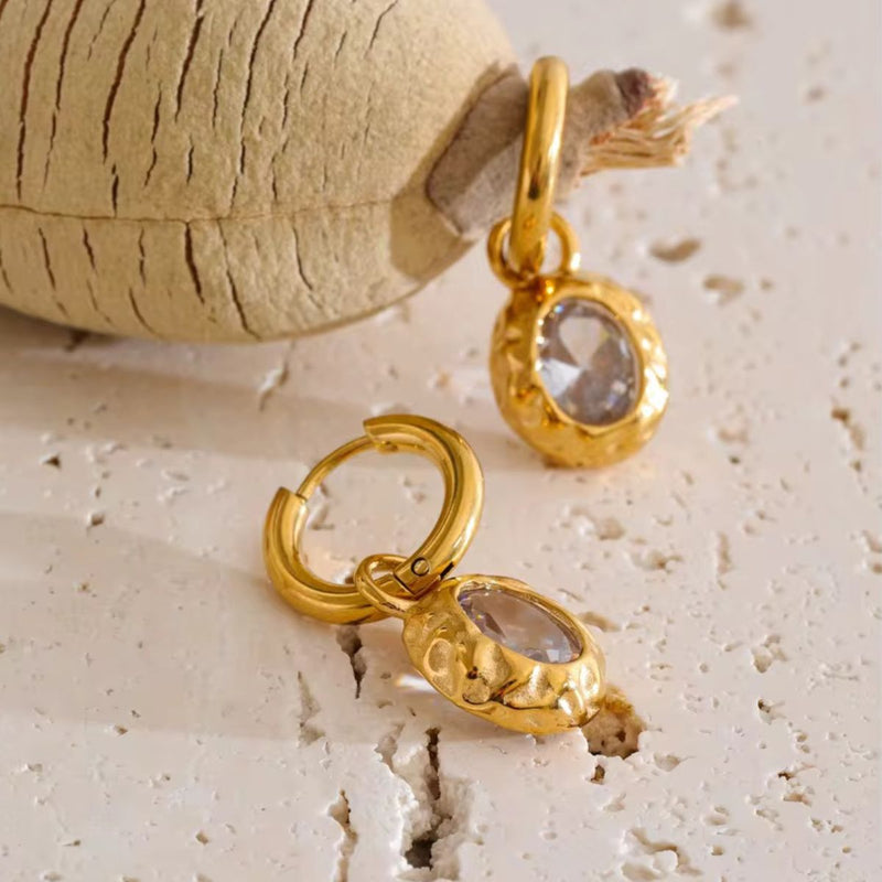 18K Gold Plated Textured Oval Drop Hoop Earring, Jia