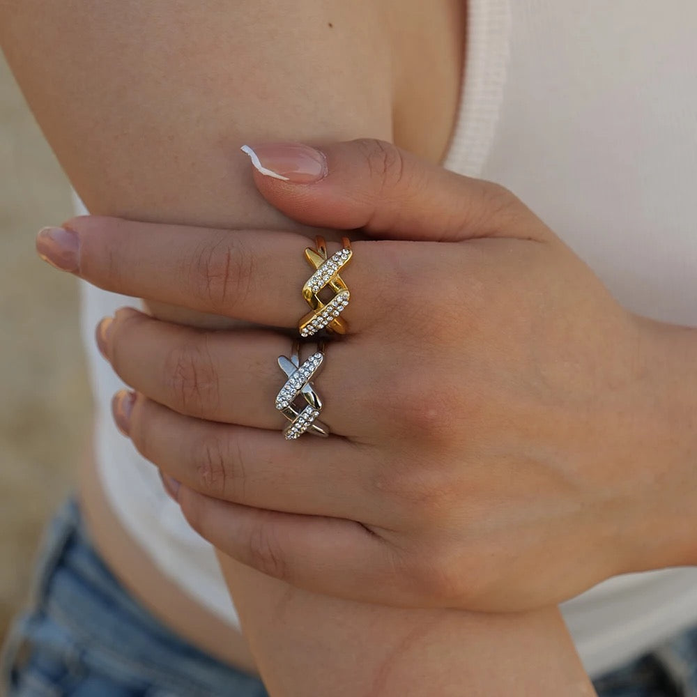18Kt Gold Plated Cuban X Open Adjustable ring, Freya - Inaya Accessories