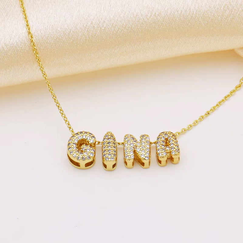 Personalised 18KT Gold Plated Waterproof Diamond Bubble Initial Name Necklace