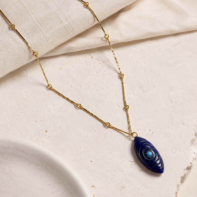 18KT Gold Plated Bar Link Chain Necklace with Carved Lapis Lazuli Evil Eye Pendant