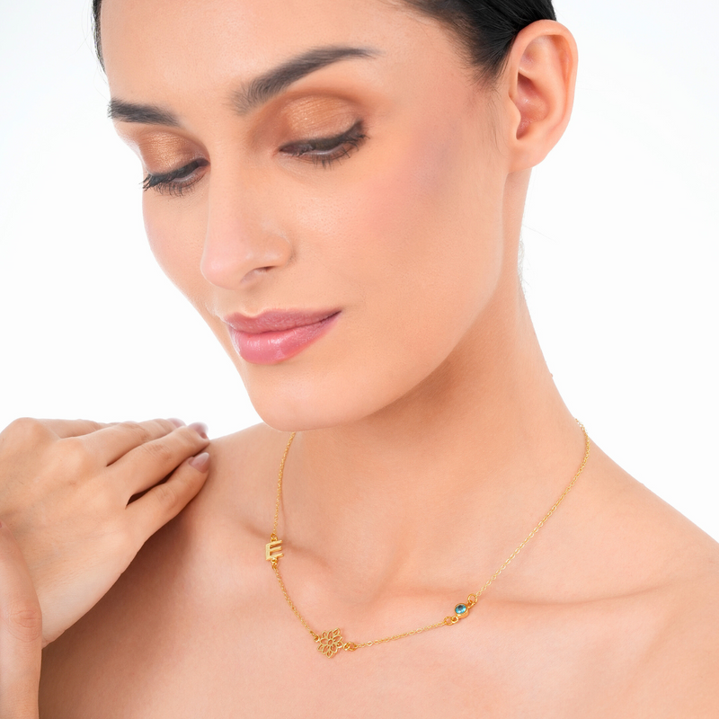 Inaya 18 KT Gold Plated Stainless Steel Personalised Initial, Flower & Birthstone Necklace