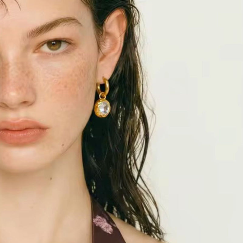 18K Gold Plated Textured Oval Drop Hoop Earring, Jia