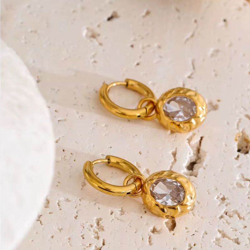 18K Gold Plated Textured Oval Drop Hoop Earring, Jia